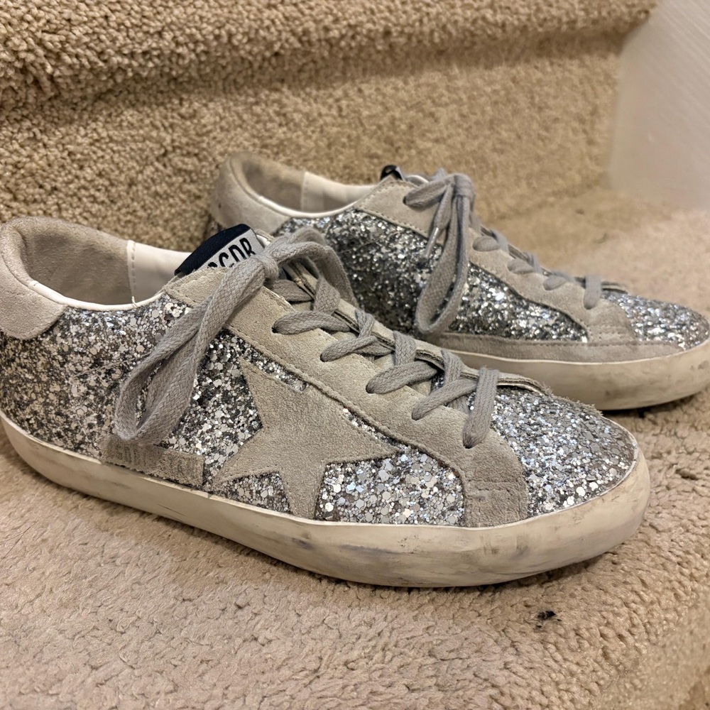 Golden Goose Silver Glitter Superstar Sneakers with Suede Star - Picture 2 of 8